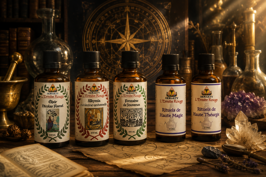 Élixirs alchimiques traditionnels Horakty préparés selon les principes de l'Art Hermétique dans un laboratoire alchimique.