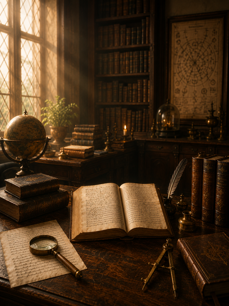 Bibliothèque de l'Académie Horakty illustrant sa mission de préserver, approfondir et transmettre les Hautes Sciences Ésotériques et Initiatiques